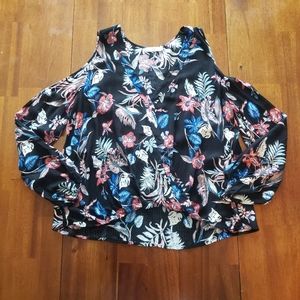 Lush Black Blue Red Floral Cold Shoulder Blouse